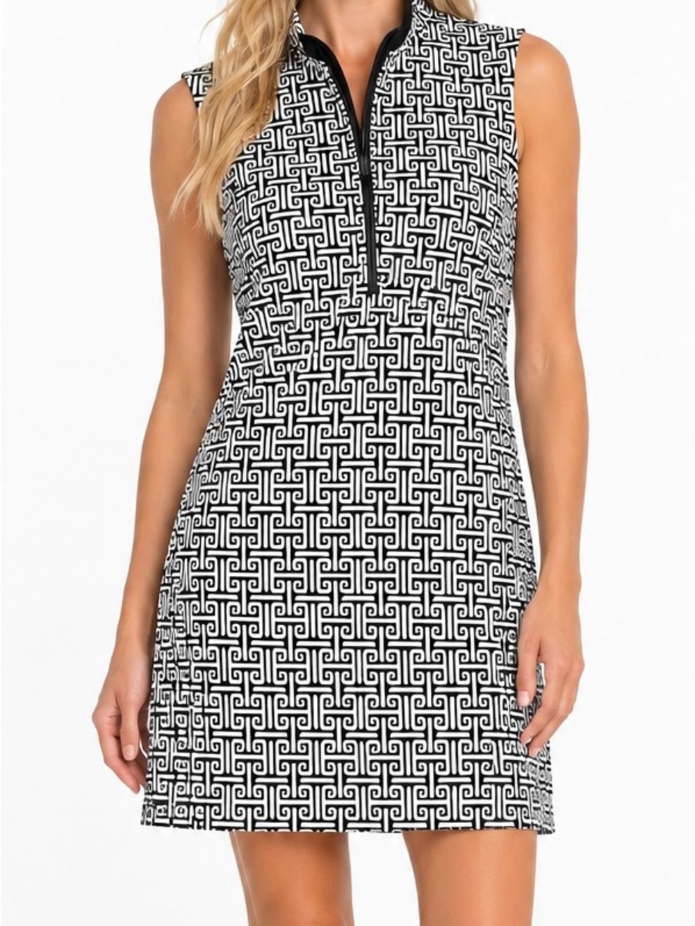 IBKÜL Geo Key Sleeveless Mock Neck Dress Black White Medium Sporty Prep Resort